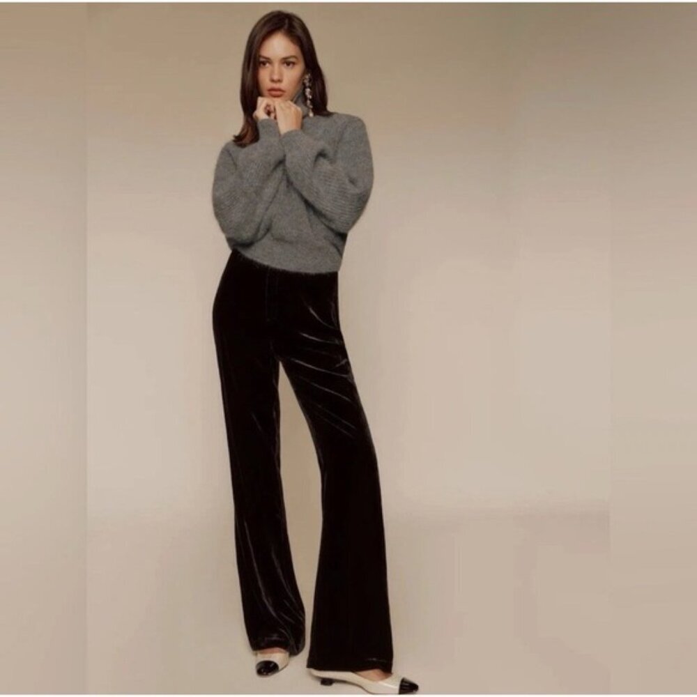 NWT REFORMATION Women's LARGE Gale Velvet Black SILK Blend Bootcut Pants Pull On
